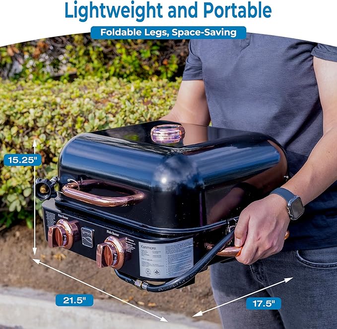 Kenmore 2-Burner Portable Gas Grill Tabletop BBQ Grill with Warming Rack Foldable Legs Stainless Steel Burners Fits 5 &amp 20 lb Propane Tanks Ideal for Camping &amp Tailgating Black &amp Cop