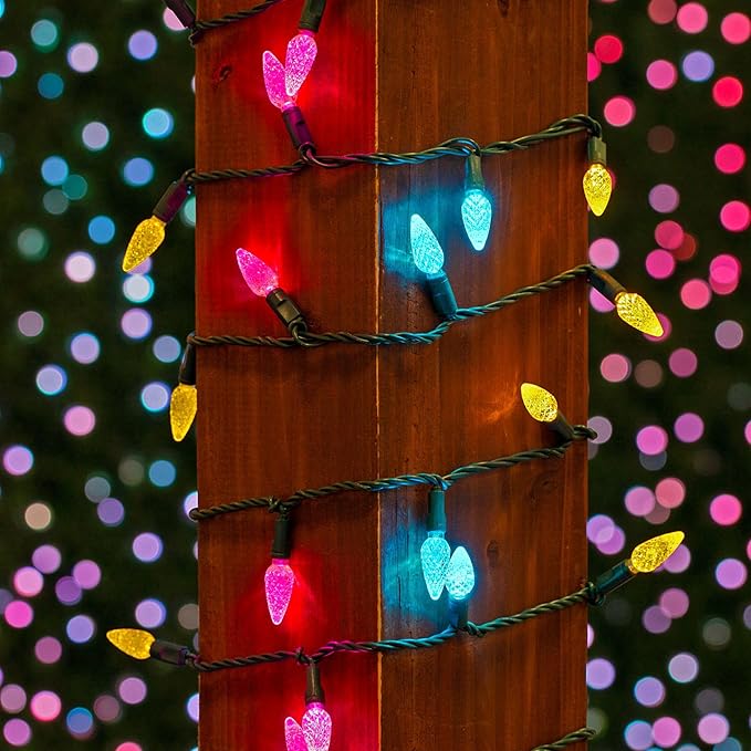 70 Light 24Ft Spring Easter Lights Commercial String Lights C6 LED Strawberry Faceted Bulb – Yellow/Teal/Pink Green Wire Indoor/Outdoor Full Wave No Flicker Connect 43 Sets