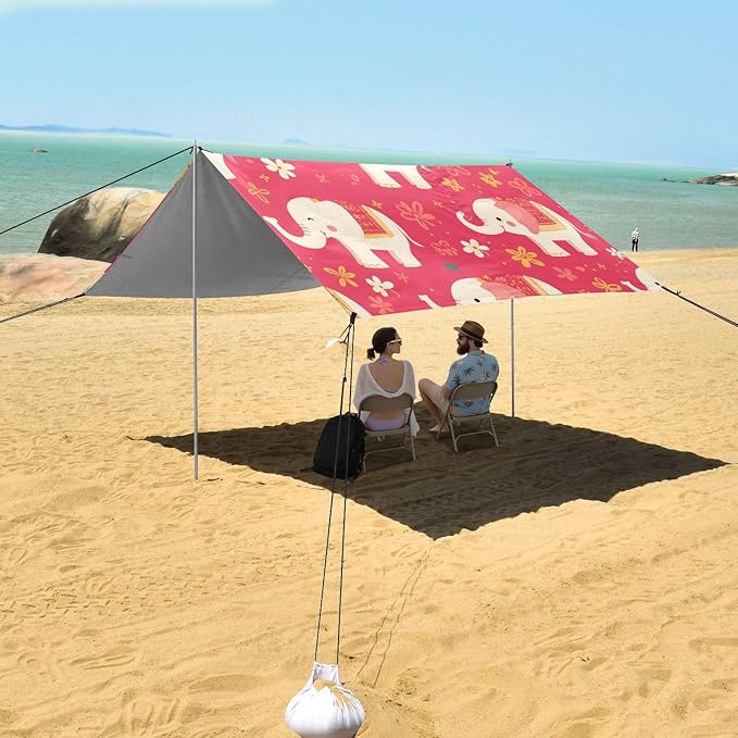 Cartoon Cute Elephants Pink Foldable Beach Canopy UPF50+ Protection Easy Setup Large Portable Sun Shelter with Sandbags &amp Sand Shovel for Family Trips Picnics &amp Camping
