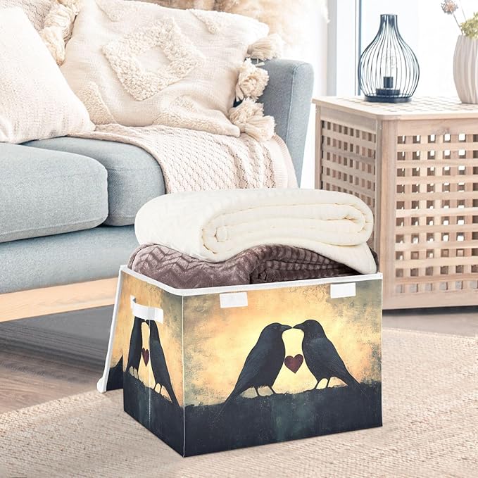 AIXIWAWA Lidded Storage Cube (Birds Heart Love) Fabric Foldable Closet Bins with Flip Lid and Handles Organizer Basket Container 16.5 x 12.6 x 11.8 IN