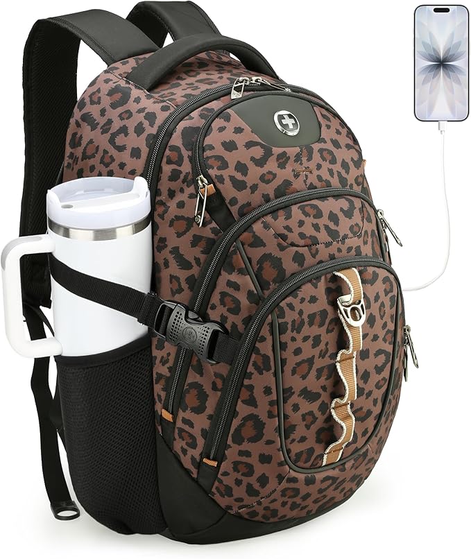 Swissdigital Laptop Backpack with USB Charging Port Travel Backpack Fits 15.6 inches Computer 31L Backpack for Men and Women Brown Leopard | SD803-103