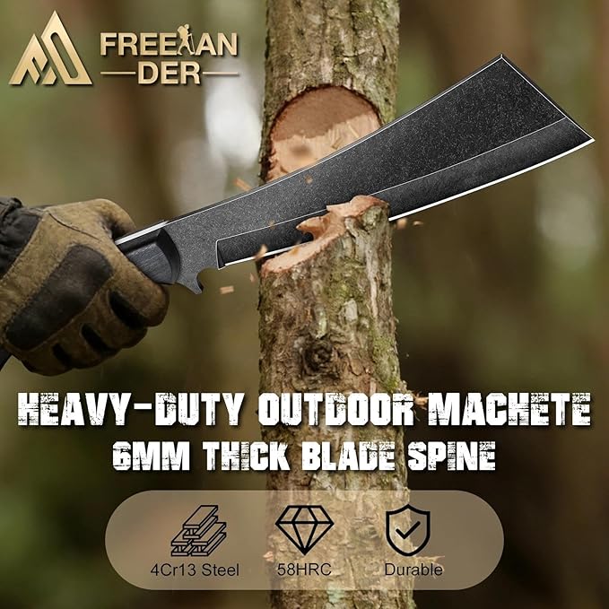 Freelander Japanese Machete for Cutting Trees Heavy Duty Full Tang Black Survival Machete Knife with Wooden Sheath for Yard Work Gardening Camping and Bushcraft Gifts for Men