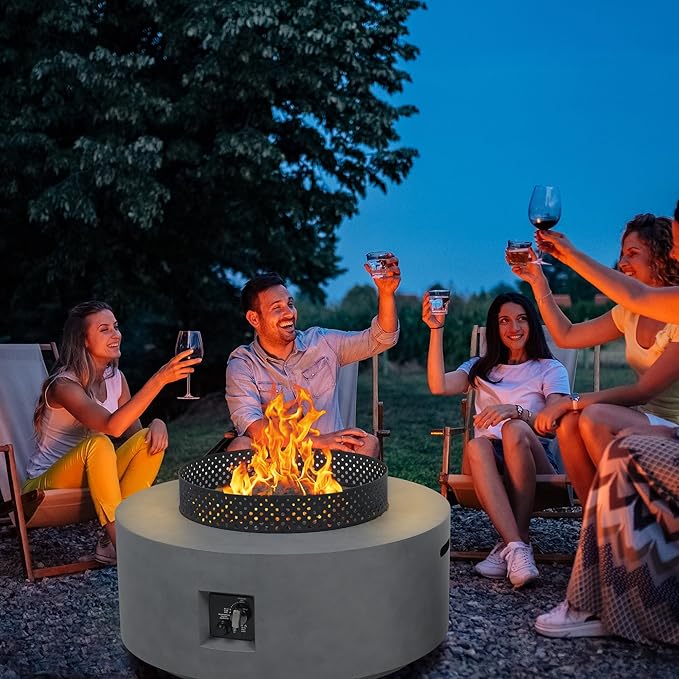 32 Inch Fire Pit Table 3-Piece Outdoor Propane Fire Pit Table 65000 BTU Round Gas Firepit Wind Guard 16 inches Tank Side Table and Baking Sheet for Garden Patio Grey