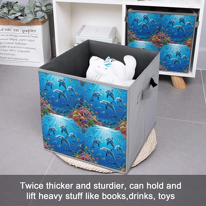 Foldable Storage Box with Handles Dolphin Underwater World Durable Collapsible Cube Bin for Organizing Toys Books Clothes Versatile Home &amp Office Solution