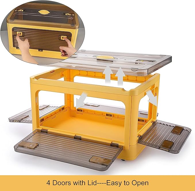 Folding Storage Bins 28 Liters 2 Pcs Yellow Plastic Storage Containers with Wheels Four Doors Foldable Stackable Plastic Box with Lids for Organization Storage Cart