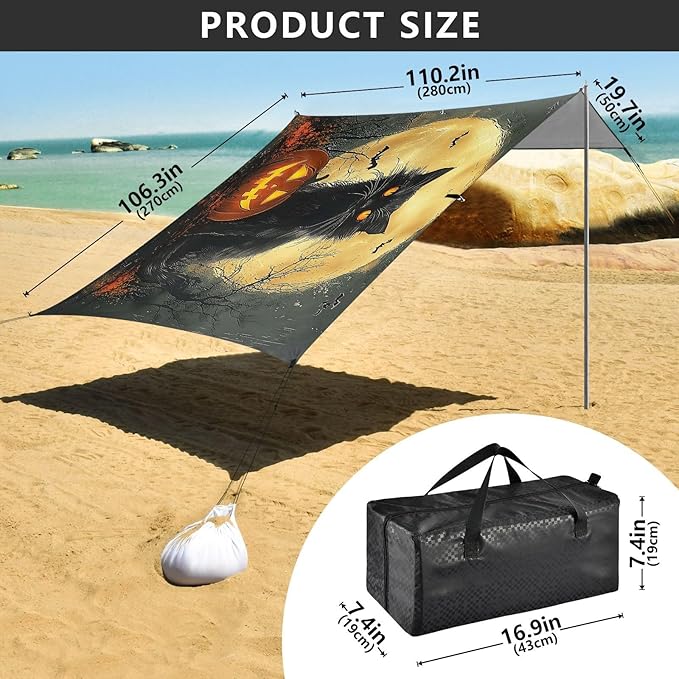 ALAZA Halloween Black Cat Beach Tent Sun Shelter UPF50+ Protection Beach Shade Canopy w/ 4 Sandbags for Outdoor Camping Fishing Backyard Fun Picnic 10x9 ft
