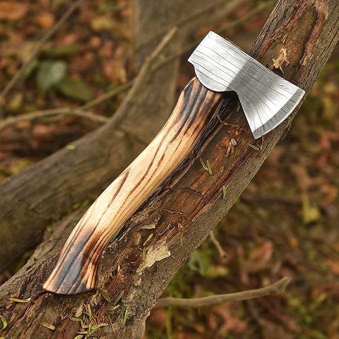 Nesmo - 013 Handmade Damascus Steel Hatchet Axe with Ash Wood Handle – Mini Axe with Leather Sheath. Forged Camping Axe Outdoor Survival Tool Bushcraft Wood Chopping &amp Collectible Gift