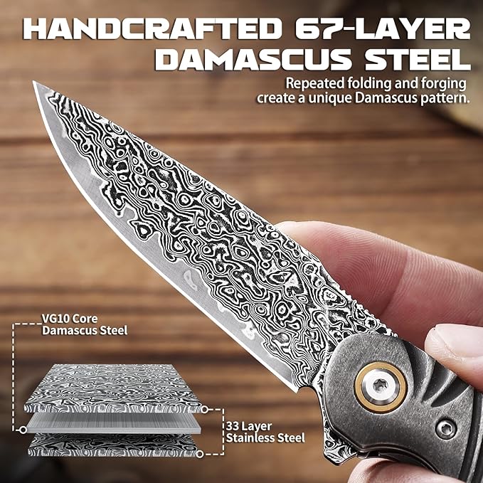 Omesio Damascus Folding Pocket Knife 3.27 Damascus Steel Blade Rosewood Handle EDC Knife with Clip &amp Sheath for Camping Hiking Outdoor Gifts for Men Women