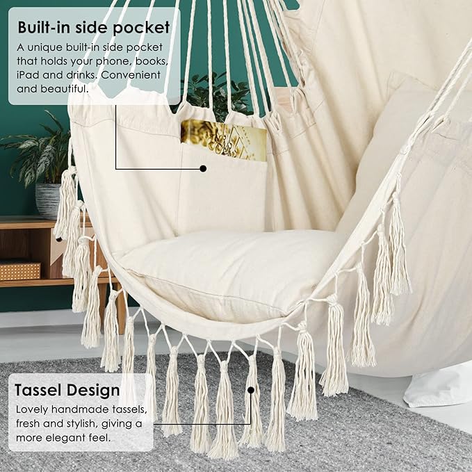 Y- STOP Hammock Chair Hanging Rope Swing Max 500 Lbs 2 Cushions Included Large Macrame Hanging Chair with Pocket for Superior Comfort with Hardware Kit (Beige)