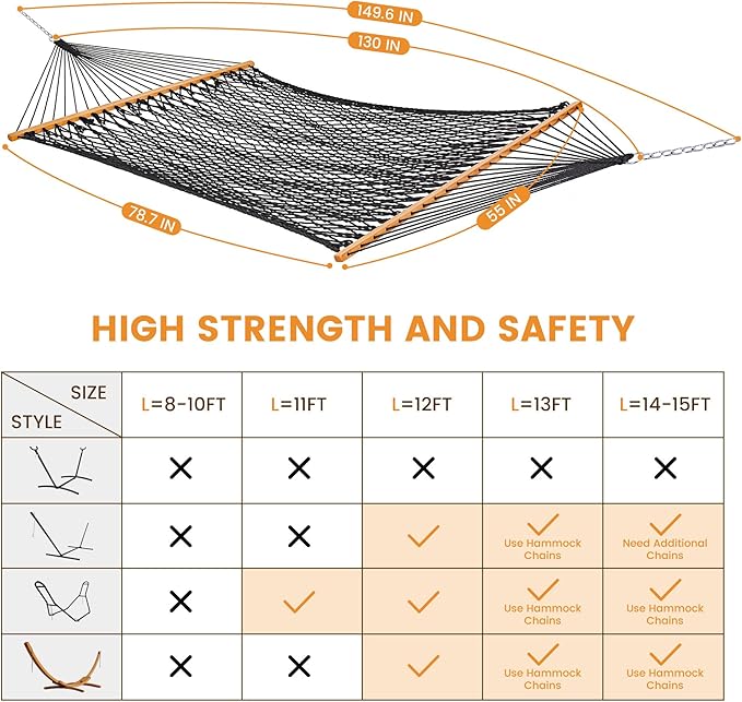 Lazy Daze Hammocks Double Rope Hammock 2 Person Traditional Outdoor Hand Woven Cotton Rope Hammock with Spreader Bar Carabiners Tree Straps Chains for Patio Yard - Max 450 Lbs Dark Grey
