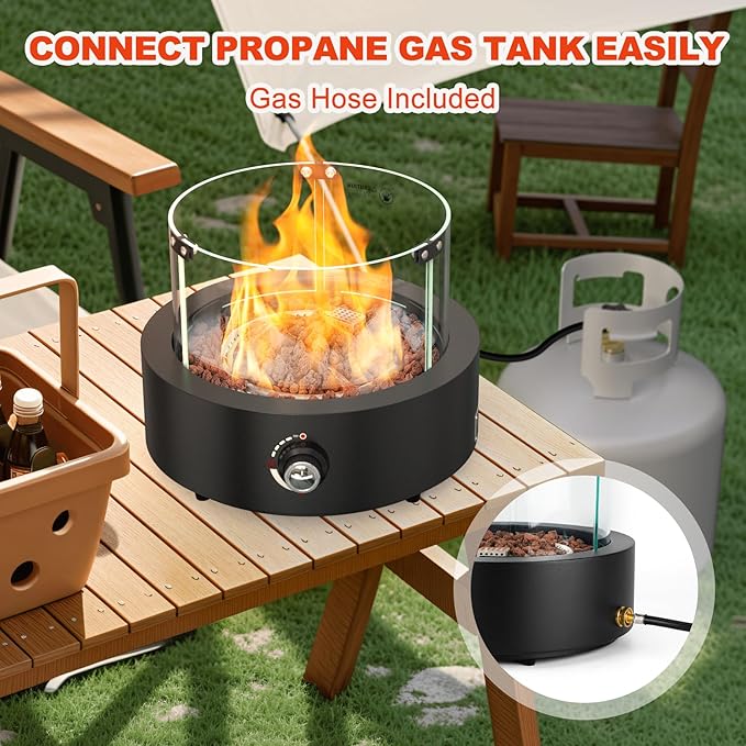 ONLYFIRE OUTDOOR LIVING 15.7 Portable Propane Gas Fire Pit Side-Mounted Modern Tabletop Fireplace Smokeless Firepit with Glass Wind Guard for Patio Camping RV Tailgating 23000BTU Round FP038