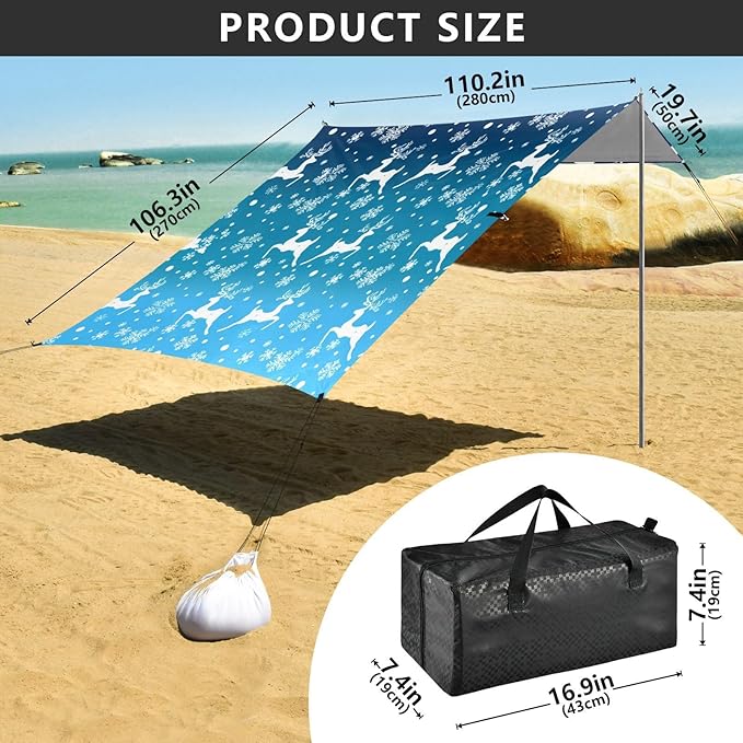 xigua Christmas Reindeer Beach Tent Sun Shelter with Carrying Bag - Silver Coated Oxford Fabric Beach Canopy for Beach Camping Fishing - Includes Windproof Ropes Sandbags &amp Stakes