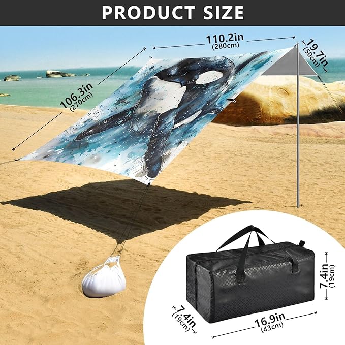 ALAZA Killer Whale Watercolour Beach Tent Sun Shelter UPF50+ Protection Beach Shade Canopy w/ 4 Sandbags for Outdoor Camping Fishing Backyard Fun Picnic 10x9 ft