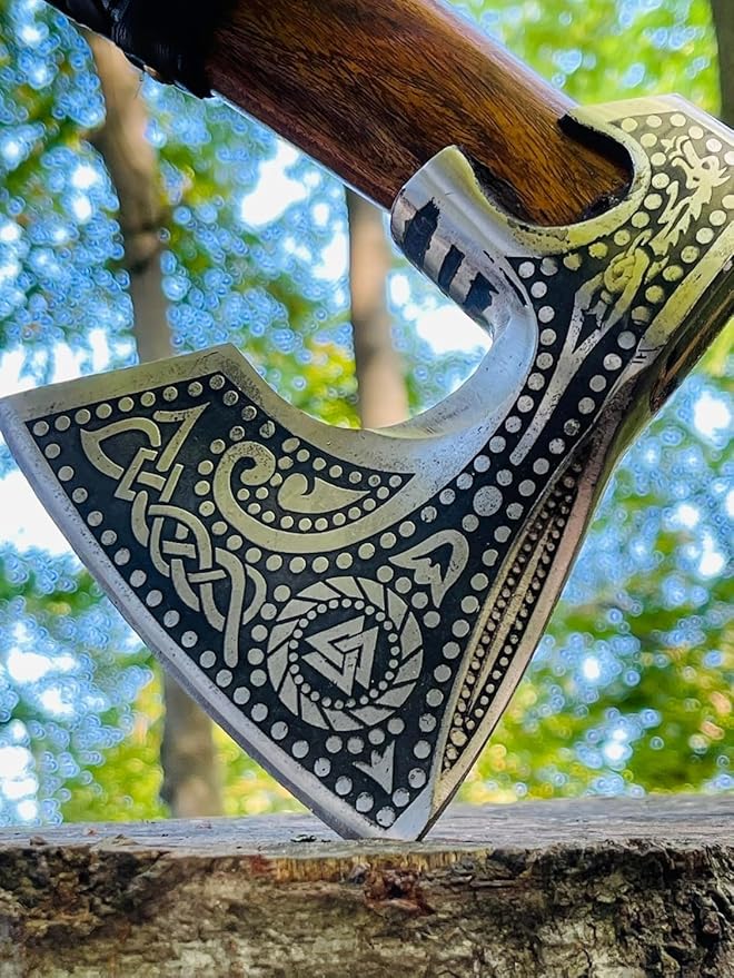 Viking Axe Carbon Steel Blade Rosewood Handle Leather Wrapped Handle Camping Axes Viking Ax Hatchet Real Tomahawk Gift Wood Splitting Axes Birthday Gift with Premium Leather Sheath