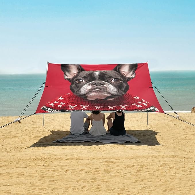 ALAZA French Bulldog Wearing Christmas Sweaters on Red Beach Tent Sun Shelter Portable Canopy Sunshade for Outdoor Camping Picnics Backyard Fun 10x9 ft
