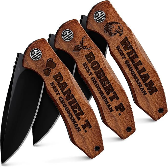 Grand Way Personalized Pocket Knife for Groomsmen - Custom Folding Knives Set of 3 pcs - Engraved Gifts for Men and Women - Gift for Groomsman Wedding Party Best Man Proposal Gift for Bride Maid