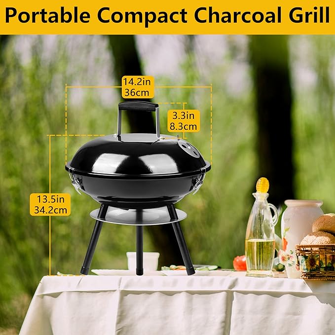 14Inch Portable Outdoor Charcoal Grill Leonyo Small Tabletop BBQ Charcoal Grill Enamel Coated for Backyard Cooking Camping Picnics Garden Beach Black