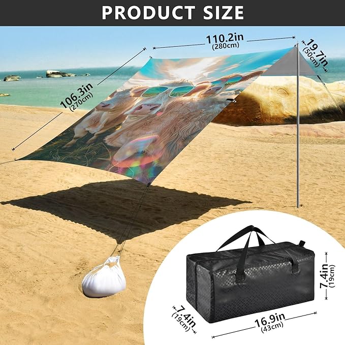 ALAZA Cows with Sunglasses Funny Beach Tent Sun Shelter UPF50+ Protection Beach Shade Canopy w/ 4 Sandbags for Outdoor Camping Fishing Backyard Fun Picnic 10x9 ft