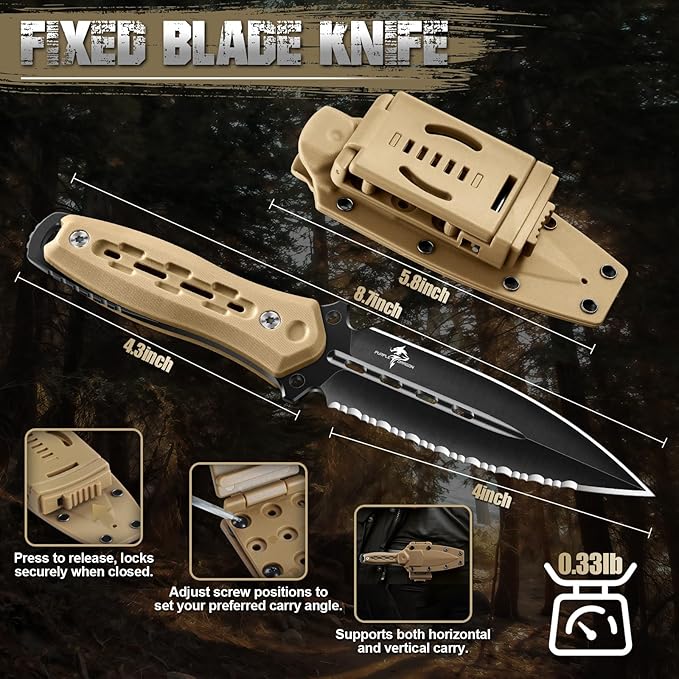 Purple Dragon Fixed Blade Knife with Kydex Sheath440C Steel Full Tang Outdoor Utility Knife with G10 Handle for Camping HikingBushcraft &amp Outdoor Use-Black-Brown