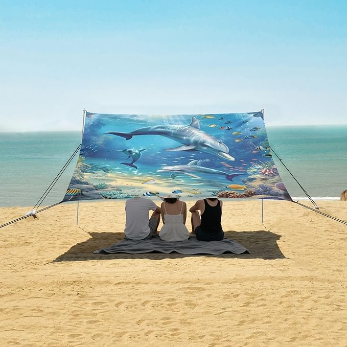 ALAZA Underwater World Dolpins Sand Ocean Beach Tent Sun Shelter Portable Canopy Sunshade for Outdoor Camping Picnics Backyard Fun 10x9 ft