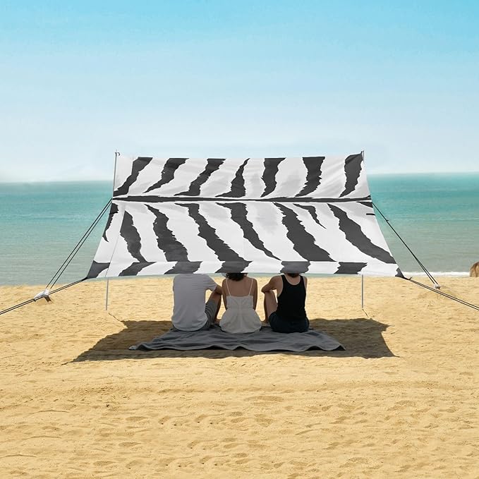 ALAZA Black &amp White Tiger Beach Tent Sun Shelter UPF50+ Protection Beach Shade Canopy w/ 4 Sandbags for Outdoor Camping Fishing Backyard Fun Picnic 10x9 ft