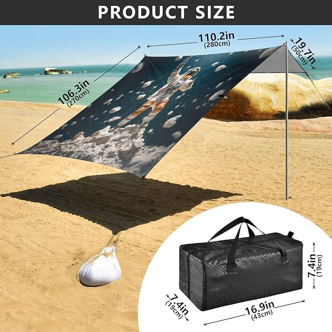 ALAZA Astronaut Space Man Beach Tent Sun Shelter UPF50+ Protection Beach Shade Canopy w/ 4 Sandbags for Outdoor Camping Fishing Backyard Fun Picnic 10x9 ft