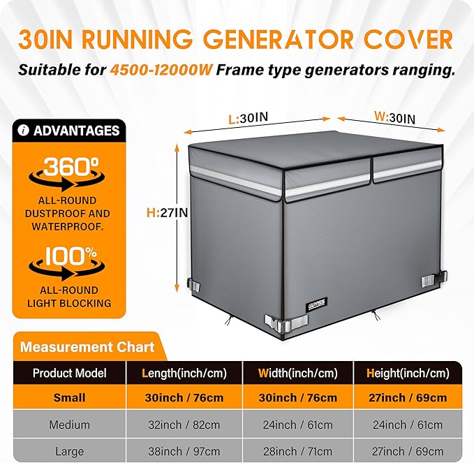 2025 Upgrade 900D+210D Heavy Duty Thicken Fabric. GUYISS Generator Covers While Running. 360° All-round Double-layer Protection. 30’’L×30’’W×27’’H. The Top can be Opened for Adding fuel. Gray.
