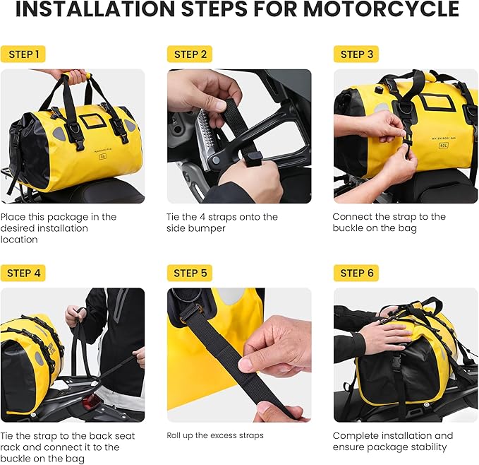 HOMIEE 40L Waterproof Duffel Bag Waterproof Motorcycle Dry Trave Bag Tail Bag with Roll Top Closure &amp Shoulder Straps Outer Mesh Zipper Pocket for Camping Kayaking Fishing &amp Traveling