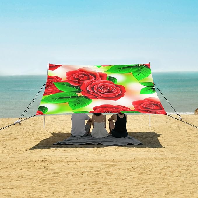 Beach Canopy with Windproof Ropes &amp Sandbags Beach Tent Sun Shade Sun Shelter for Camping Trips Fishing Backyard Fun or Picnics Red Roses