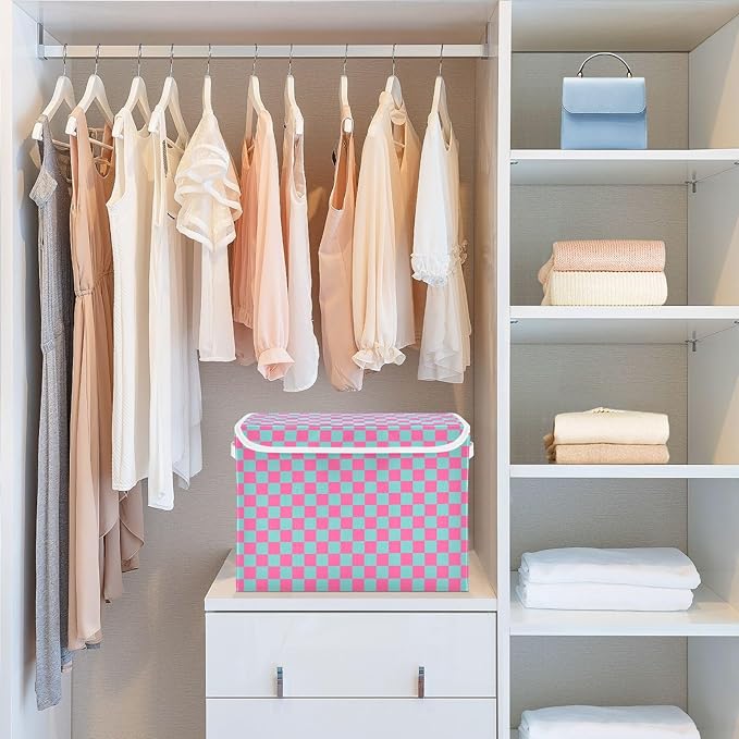 Pink Blue Checkerboard Storage Baskets Lidded Bin Foldable Storage Boxes Cubes Lids with 2 Handles for Organizing Closet Home Office
