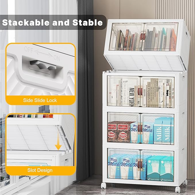 UAMFURI Stackable Storage Bins with Lids Extra Large Plastic Organizer Cabinet Drawers 192QT Collapsible Closet Containers with Doors and WheelsFor Bedroom Office Garage(4Pack Cube)