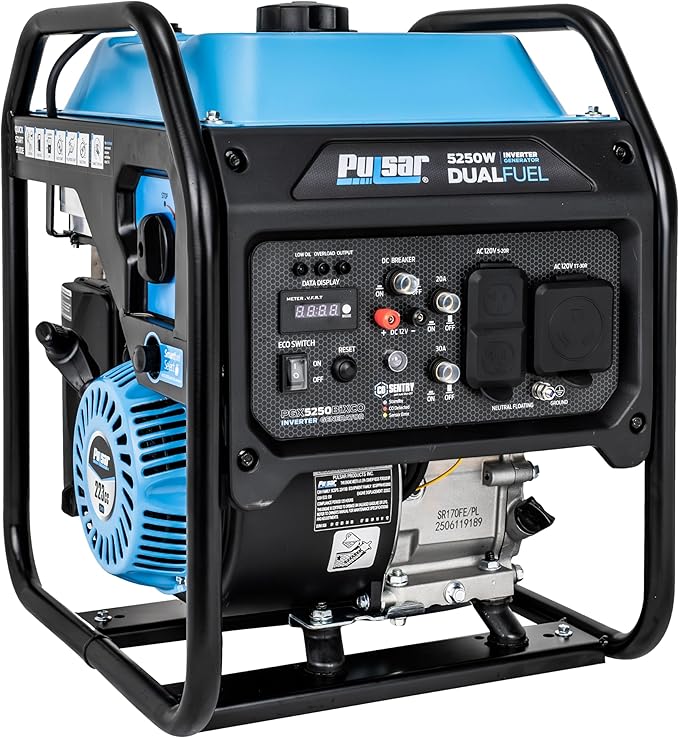 Pulsar PGX5250BiXCO 5250W Dual Fuel Inverter Generator – Gas &amp Propane CO Sentry RV Ready 30A Outlet Digital Display Portable Quiet Power for Home Backup Camping &amp Jobsite