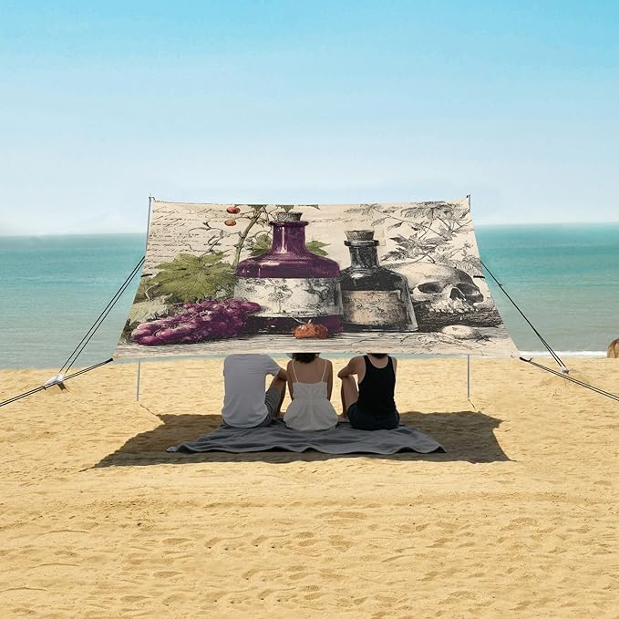 ALAZA Retro Wine Bottle Skull Beach Tent Sun Shelter Portable Canopy Sunshade for Outdoor Camping Picnics Backyard Fun 10x9 ft