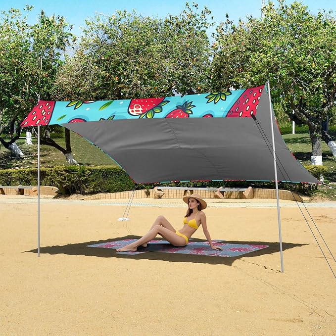 Cute Strawberry Red Blue Beach Tent Sun Shelter Set UPF50+ UV Protection 10.5 x 9.19 FT Camping Shade Canopy with Sandbags Sand Anchors Carrying Bag and Others
