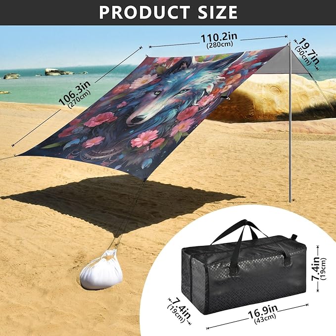 ALAZA Wolf with Flower Beach Tent Sun Shelter Portable Canopy Sunshade for Outdoor Camping Picnics Backyard Fun 10x9 ft