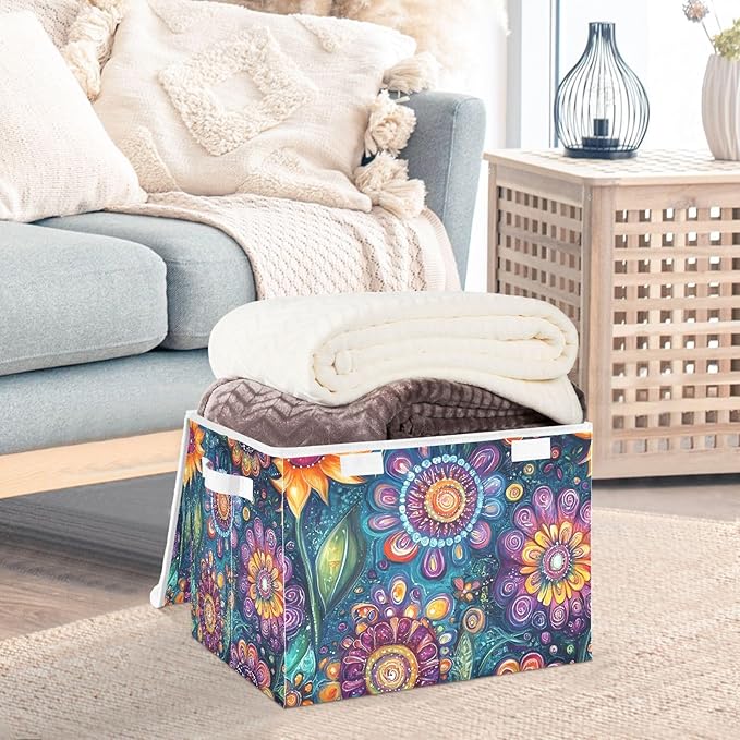 Florals Art Storage Cube Bins Basket with Lid Collapsible Flip-top Fabric with Handle for Home Bedroom Closet Office 16.5×12.6×11.8 in