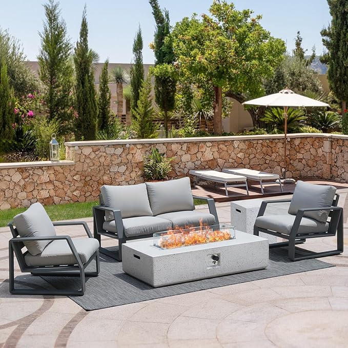 NAGA HABNA Propane Fire Pit Table Outdoor Fire Table (50000 BTU) Gas Fire Pit for Garden Pool Backyard (Spotted White 56 L * 28W * 13H)