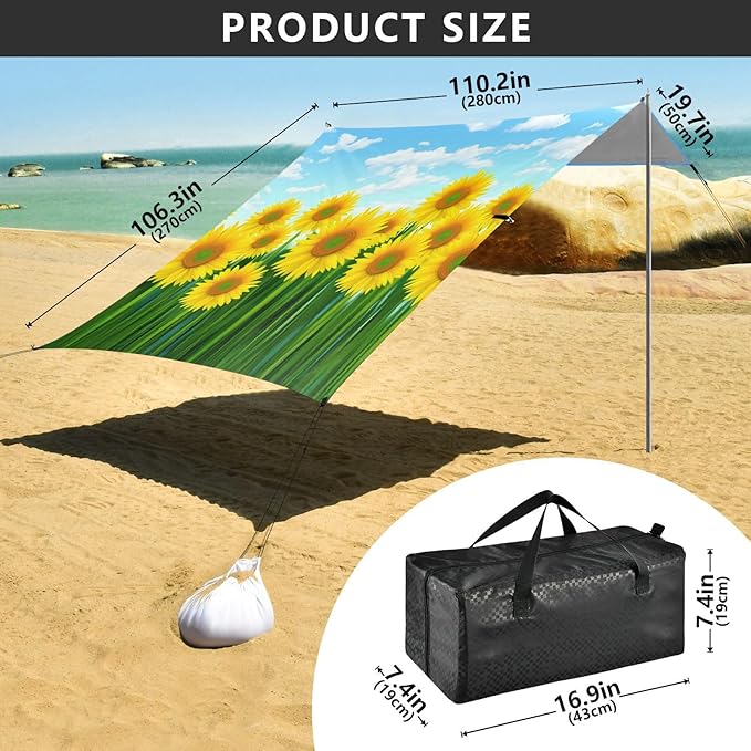 Beach Canopy with Windproof Ropes &amp Sandbags Beach Tent Sun Shade Sun Shelter for Camping Trips Fishing Backyard Fun or Picnics Sunflowers