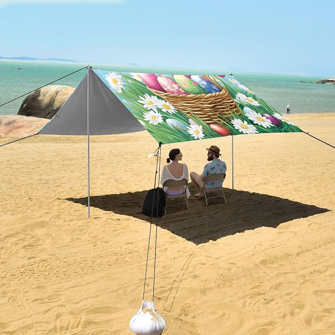 Spring Easter Eggs Beach Tent Sun Shelter Set UPF50+ UV Protection 10.5 x 9.19 FT Camping Shade Canopy with Sandbags Sand Anchors Carrying Bag and Others