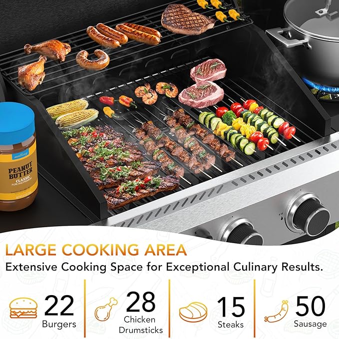 3-Burner Propane Gas Grill with Side BurnerStainless Steel BBQ Grill with Porcelain-Enameled Cast Iron Grates37000 BTU Barbecue Grill Suitable for PatioCampingOutdoor Cooking