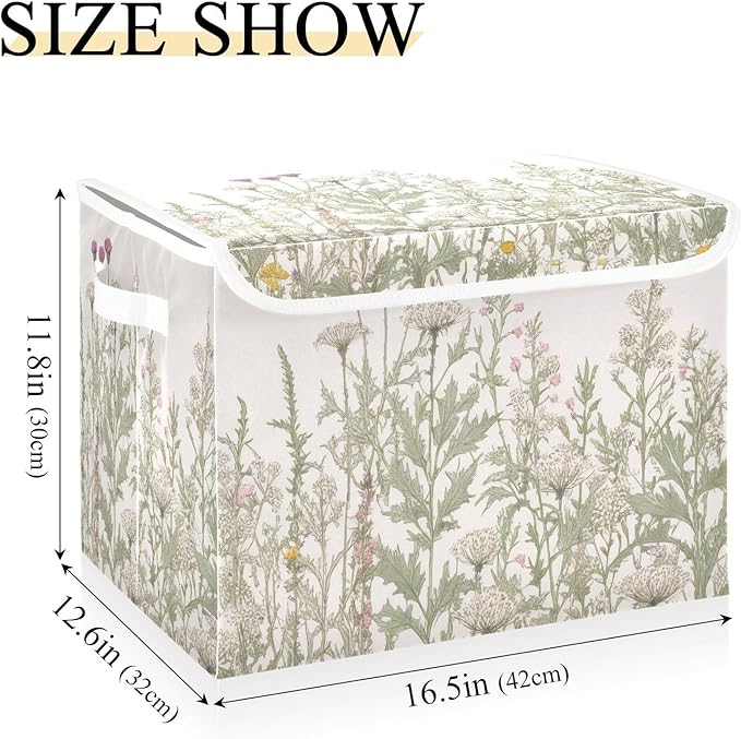 Kigai Collapsible Herbal Wildflowers Storage Basket with Lids and HandlesStorage Bins for Shelves Closet BedroomOffice Storage