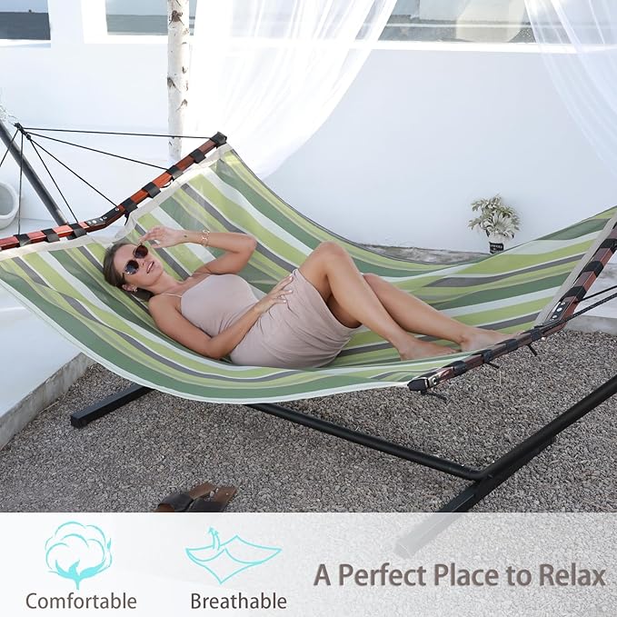 TegerDeger 12FT 2 Person Hammock Large Hammock Quick Dry 450LB Capacity with V Shaped Hardwood Spreader Bar &amp Nylon Rope for Outside Patio Garden Backyard Beach Poolside - Tender Green Stripe