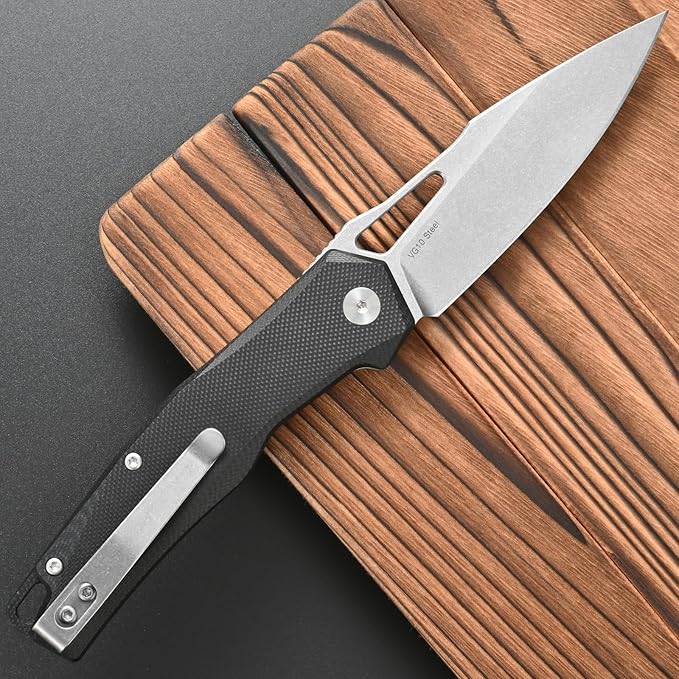 FF21 Folding Pocket KnifeVG10 Steel Blade G10 Handle Full Tang Knife for Outdoor Activities Camping Hunting Fishing(Black)