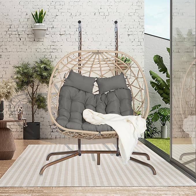 KEIKI Double Swing Egg Chair with Stand Patio Rattan Wicker Hammock Egg Chair with UV Cushion 2 Person Outdoor Indoor Hanging Basket Chair 600LBS Capacity for Balcony Dark Gray and Khaki