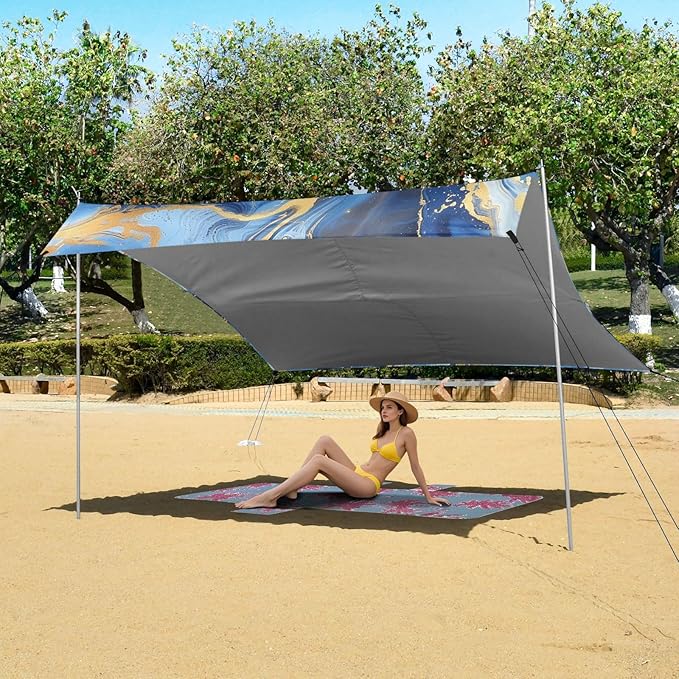 ALAZA Blue and Gold Paint Marble Abstract Beach Tent Sun Shelter Portable Canopy Sunshade for Outdoor Camping Picnics Backyard Fun 10x9 ft