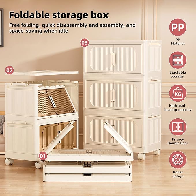 Stackable Storage Bins with Lids Plastic Closet Cabinet Organizers Storage for Bedroom Collapsible Modular Bins for Shelves Organizer for Dorm Room Home Office (Yellow 1 Layer: 17.5“ D x 9.7 W)