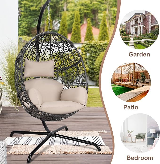 NICESOUL Bird Cage Swing Egg Chair UV/Water-Resistant 450lbs Capacity Wicker Swinging Chairs with Stand Comfy Oversized Hanging Seat w/Cushion Metal Frame &amp Cover for Indoor Outdoor Grey &amp