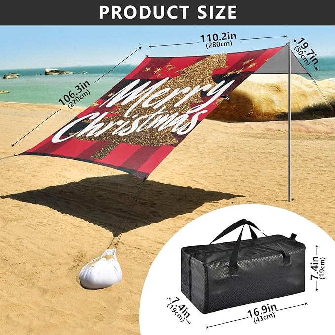 Merry Christmas Buffalo Plaid Red Stable Beach Tent UPF50+ Waterproof Large Portable Sun Shelter with Sandbags Sand Shovel Poles for Backyard and Camping