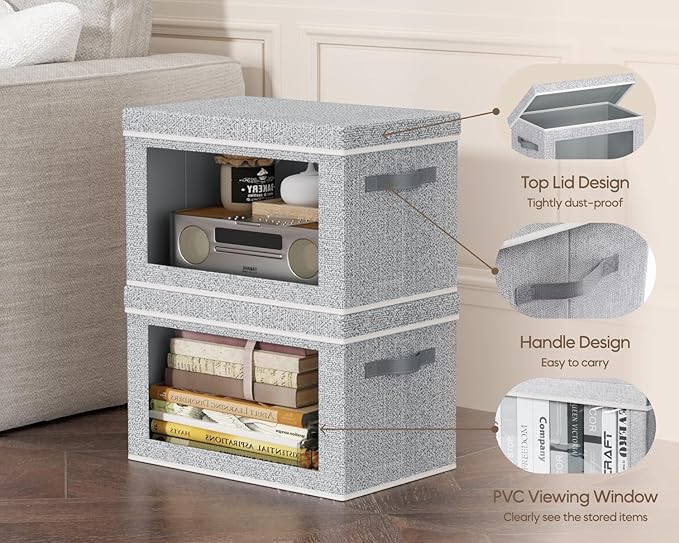 Homsorout Collapsible Storage Bins with Lids - Stackable Storage Containers with Window 6 Pack Fabric Cube Bins for Closet Home &amp Office Organization Baskets Light Gray 14.9 x 9.8 x 9.8