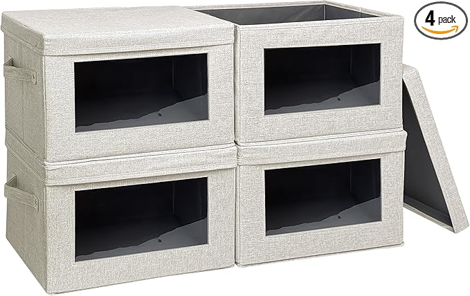 4-Pack Fabric Storage Bins with Lids Foldable Storage Boxes with Handles &amp Clear Window Closet Organizers for Clothes Books (Beige 4PCS/14.9 x 9.8 x 9.8 in)
